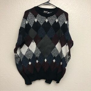 Impact Men’s Diamond Geometric Grandpa Crewneck Sweater Leather Detailing Large